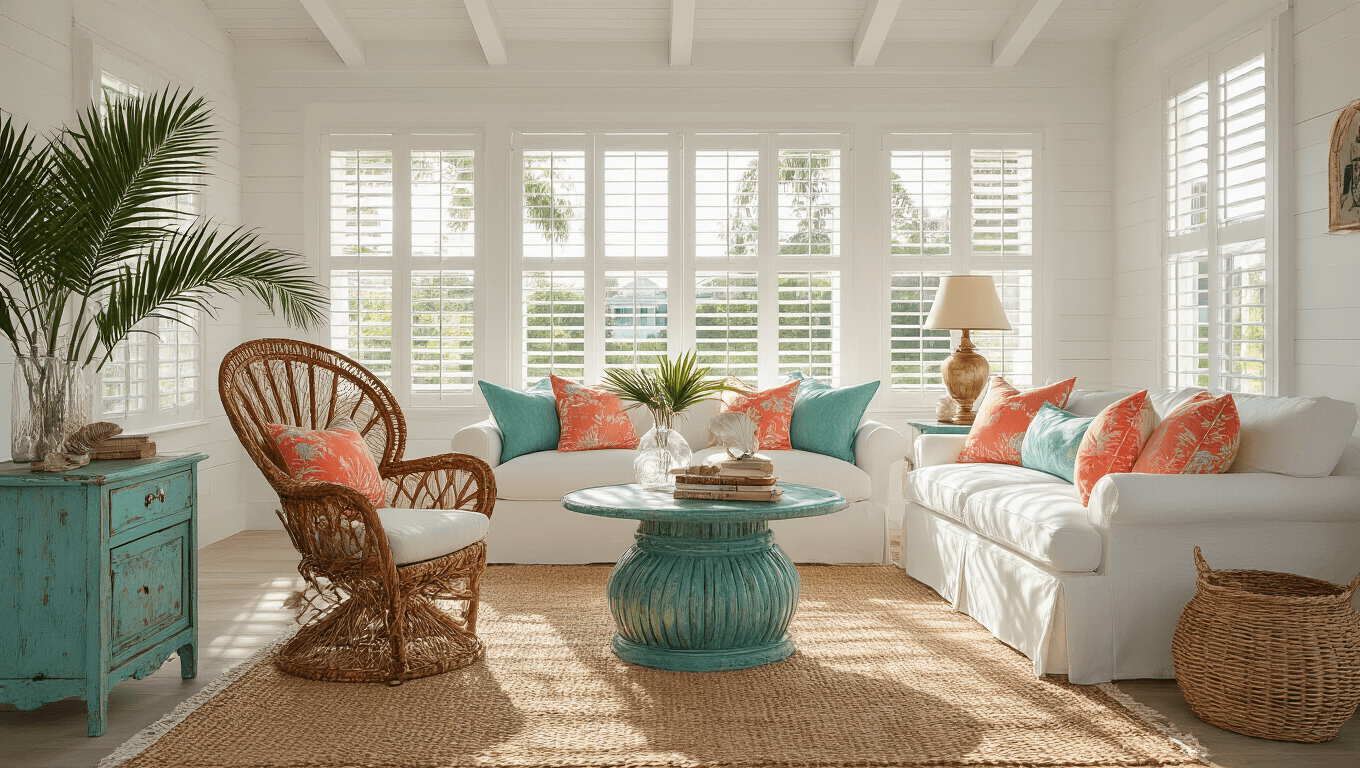 A sunlit Old Florida living room featuring high-beamed white ceilings, a rattan peacock chair, distressed teal side table, vintage Persian rugs, a white slip-covered sofa with tropical print pillows, and brass shell lamps, all accentuated by warm golden afternoon light.