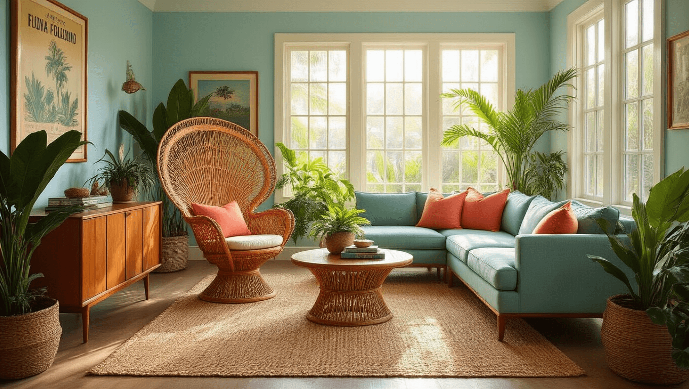 A vintage Florida living room showcasing a rattan peacock chair and mid-century teak credenza, adorned with tropical plants and pastel blue walls, illuminated by golden hour sunlight.