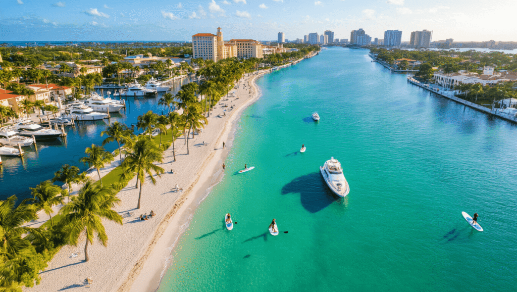 Why West Palm Beach in February is Your Ultimate Winter Escape "Aerial view of West Palm Beach waterfront with turquoise waters, palm trees, white beaches, yachts at the marina, people paddleboarding, and the Worth Avenue shopping district and the Norton Museum of Art in the background."