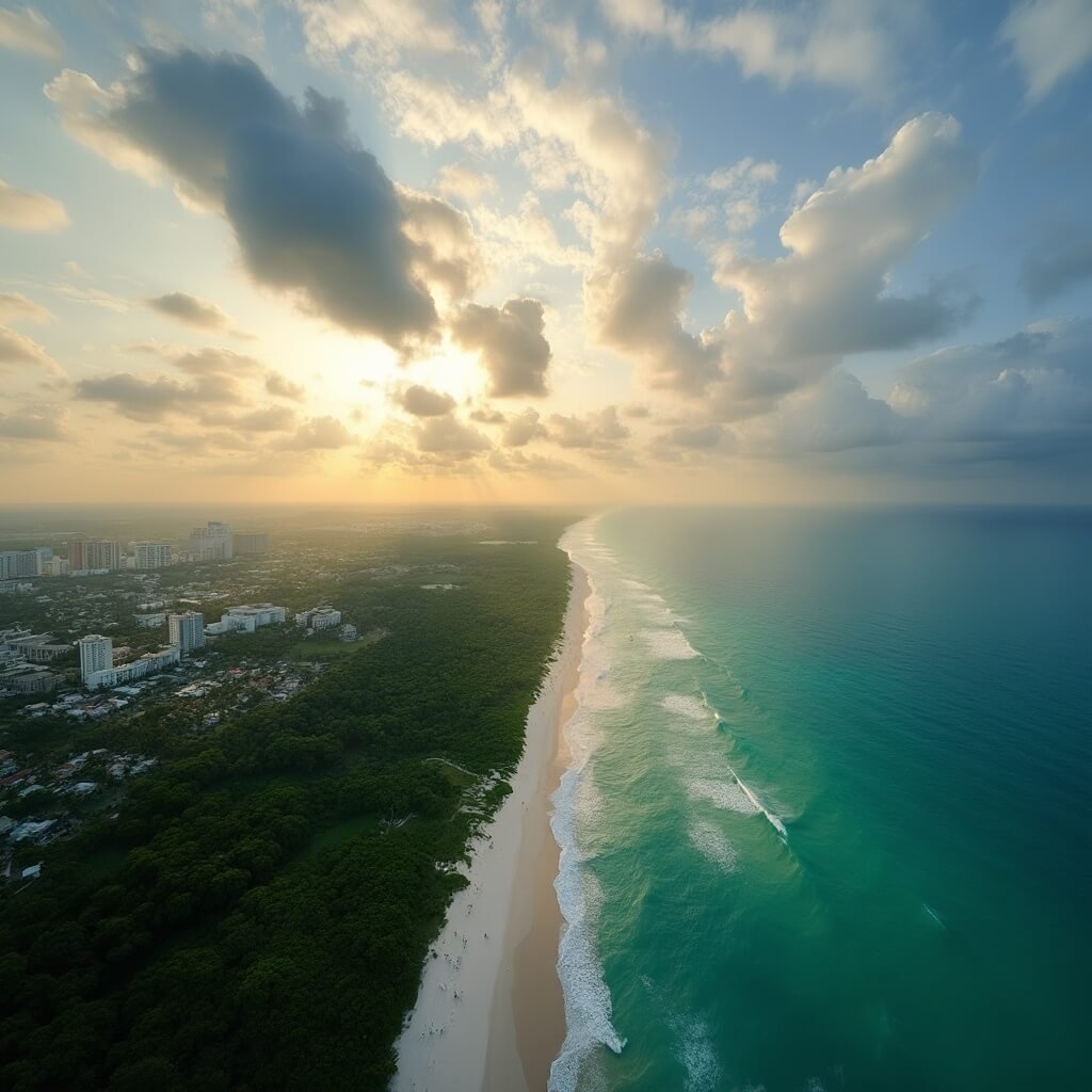 West Palm Beach in June: Your Ultimate Tropical Adventure Guide Aerial view of West Palm Beach coastline during golden hour with dramatic clouds, lush greenery, azure ocean waters, and scattered sunlight, portraying both beach and urban areas