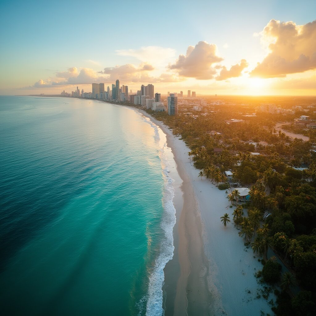 Aerial view of West Palm Beach at sunset showcasing the crystal clear blue waters, sandy coastline, modern skyline, palm trees, lush greenery and pristine beaches with a warm golden hour glow