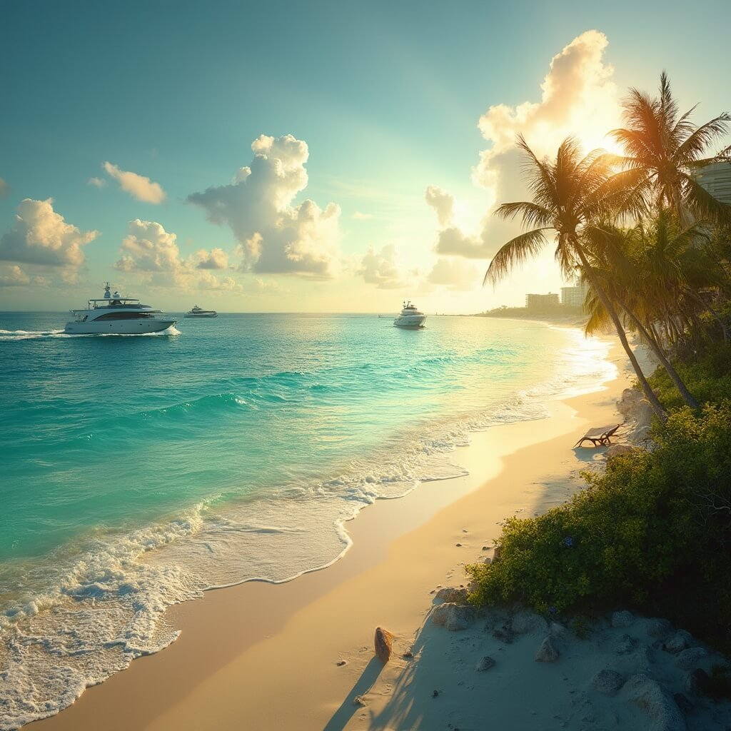 Wide-angle golden hour view of West Palm Beach with pristine sandy beaches, luxurious yachts, swaying palm trees, and warm golden sunlight illuminating the vibrant tropical scene