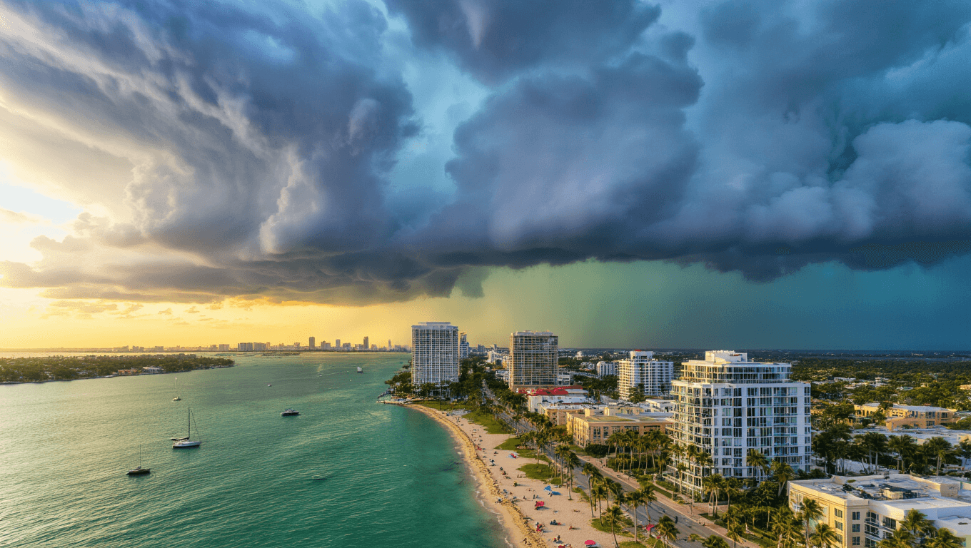"Aerial view of West Palm Beach with cumulonimbus clouds over cityscape, sun rays creating dramatic lighting on buildings, and beachgoers packing up before storm"