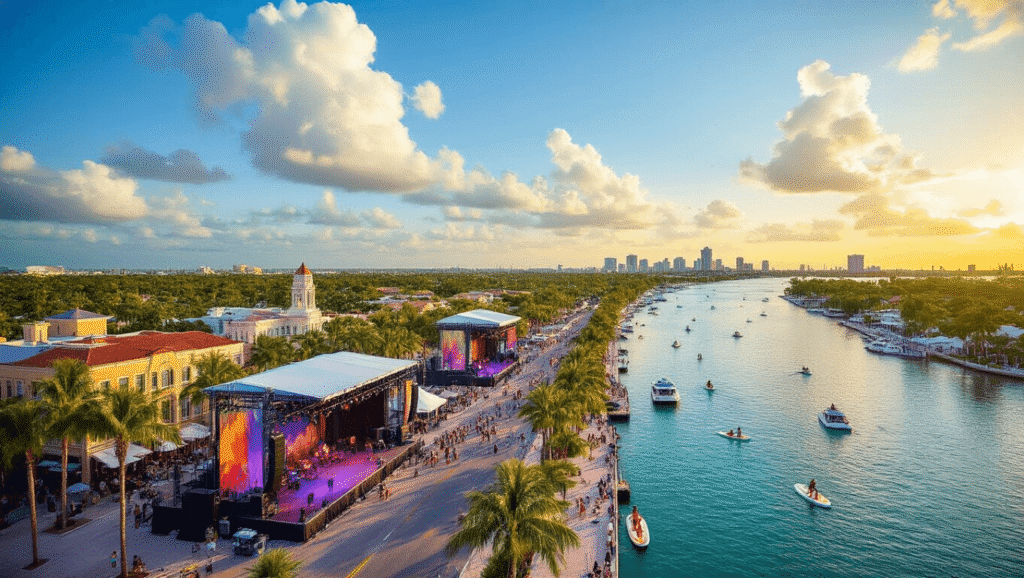 Why West Palm Beach in April Will Blow Your Mind: The Ultimate Traveler's Guide "Aerial view of SunFest in West Palm Beach, featuring colorful festival stages, palm-lined streets, waterfront views with boats and paddleboarders, Clematis Street's historic buildings and outdoor cafes, and the Norton Museum of Art under a blue sky with puffy clouds."