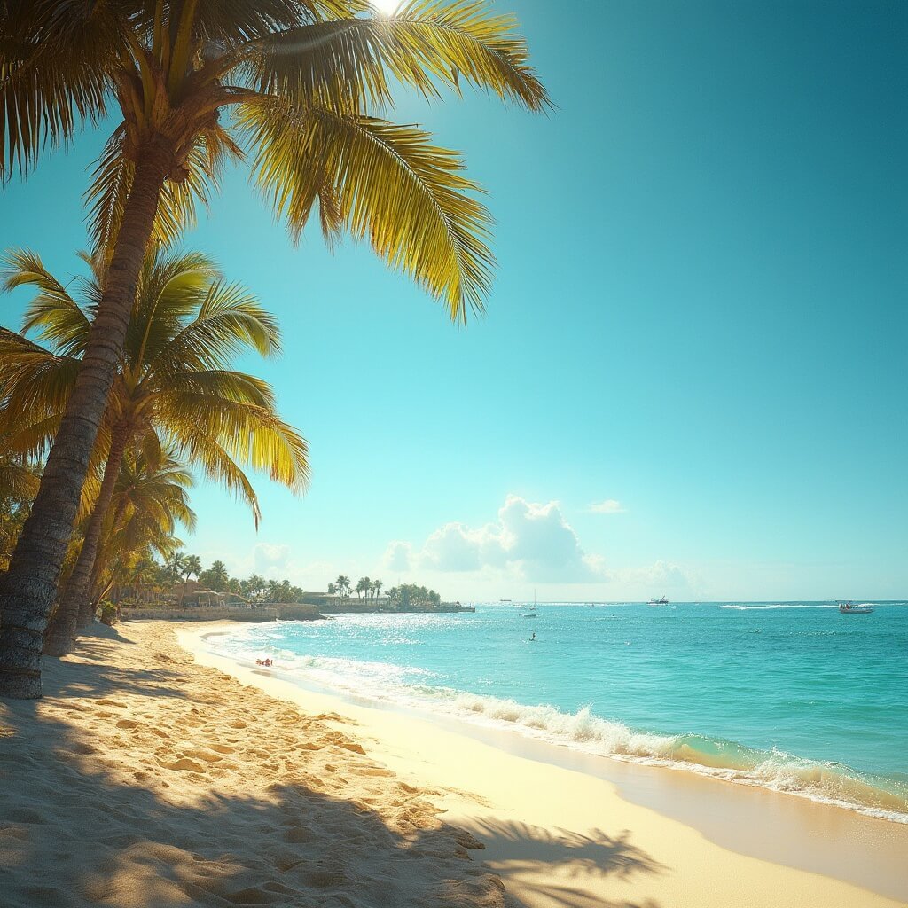 Sunny West Palm Beach scene with clear blue ocean, golden sandy shoreline, swaying palm trees, people engaging in water sports, vivid azure sky, and warm afternoon light