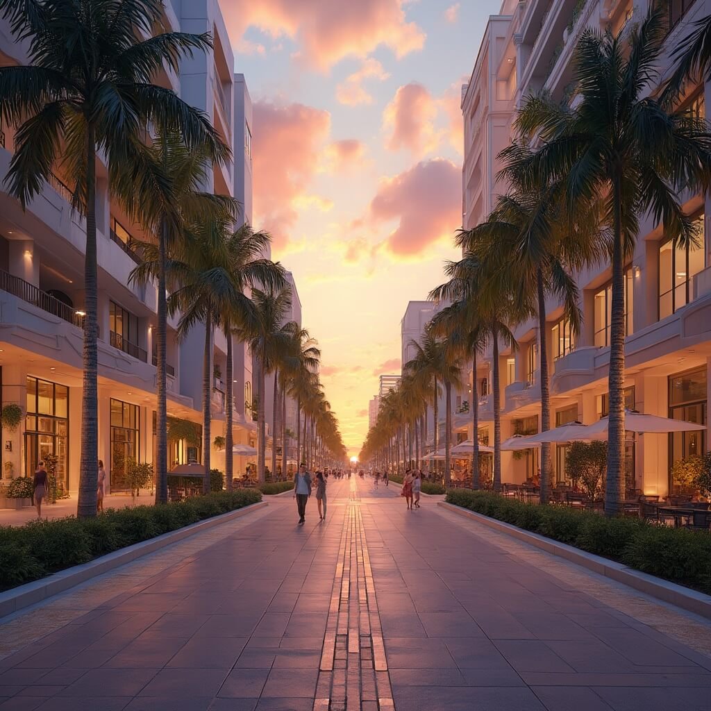 Sunset over West Palm Beach showing the urban street, modern architecture, lined palm trees, outdoor cafe seating, and people walking with a warm orange and pink sky background