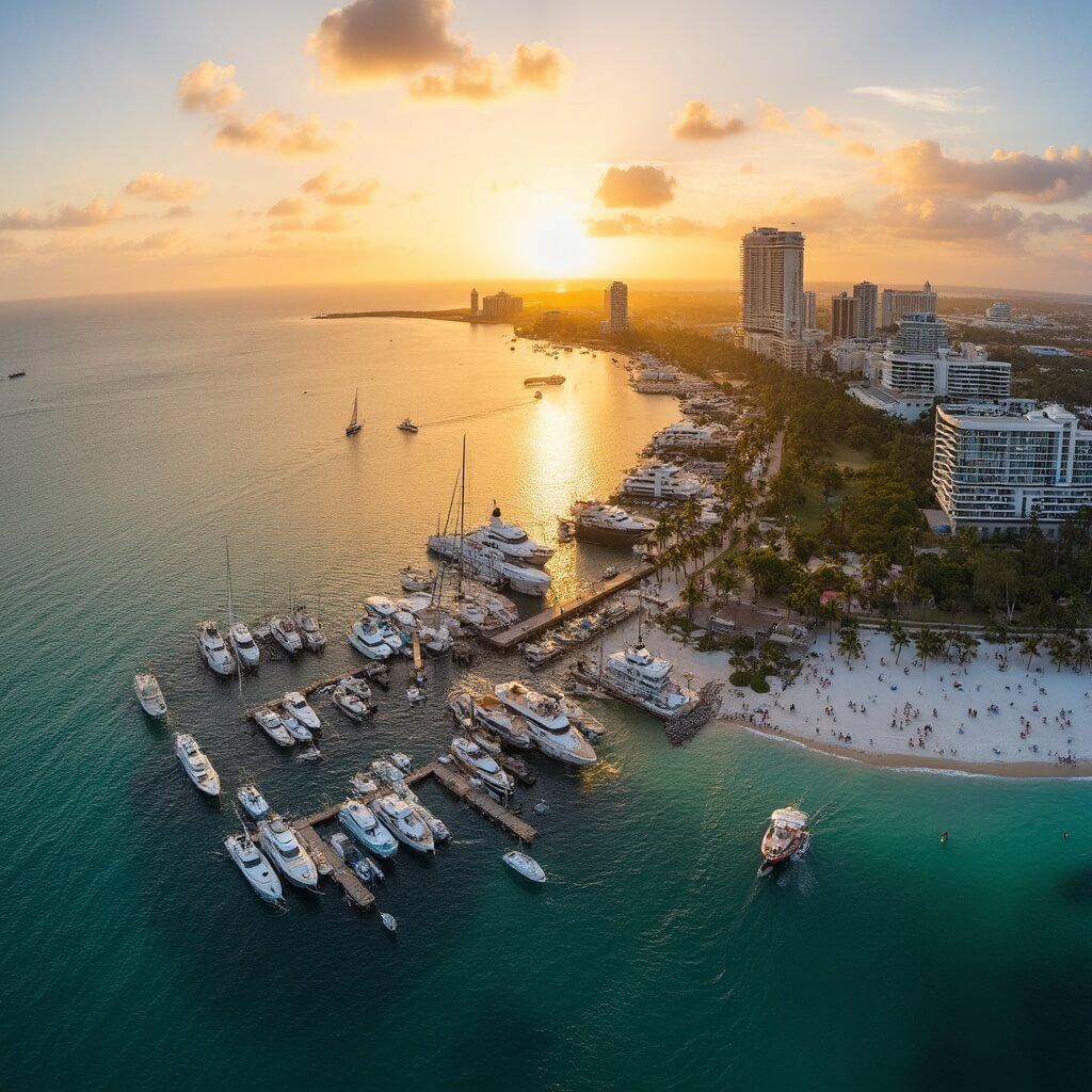 Sunset over West Palm Beach with luxury yachts at marina, palm trees along the Intracoastal Waterway, city skyline reflecting golden light, sailboats on crystal clear water and beachgoers at shoreline