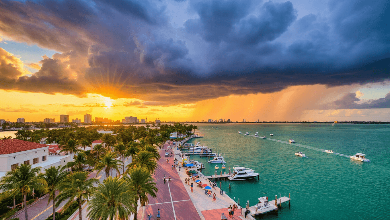 "Aerial view of West Palm Beach at sunset with storm clouds, palm trees, marina, Norton Museum, Kravis Center and Palm Beach Municipal Beach visible"