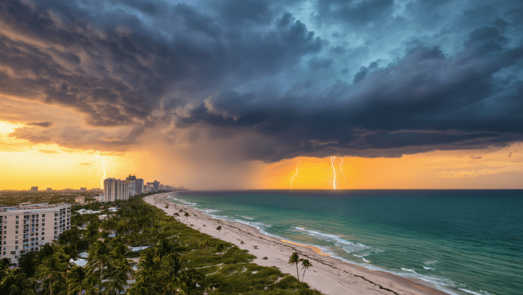 September in West Palm Beach: Your Ultimate Insider's Guide to Tropical Transition "Aerial view of West Palm Beach during a September sunset showing storm clouds, lightning in distance, glistening cityscape, swaying palm trees and a glowing obscure light from a break in the clouds over a turquoise ocean"