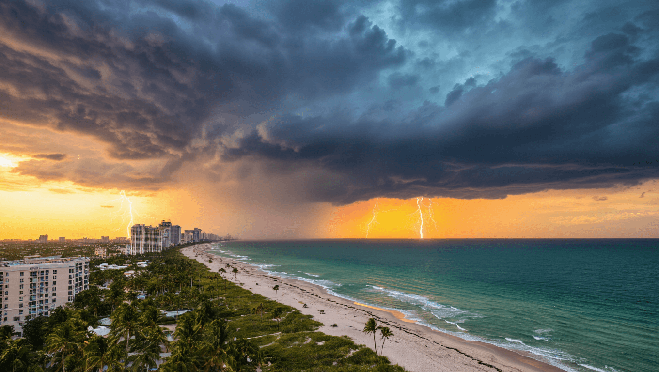 "Aerial view of West Palm Beach during a September sunset showing storm clouds, lightning in distance, glistening cityscape, swaying palm trees and a glowing obscure light from a break in the clouds over a turquoise ocean"