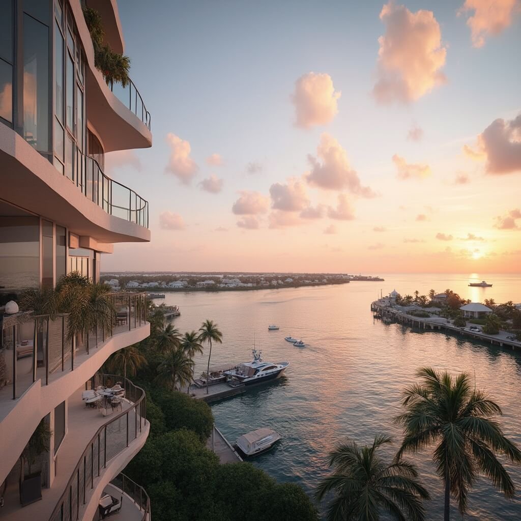 Sunset view of West Palm Beach waterfront featuring modern vacation rental apartment overlooking the Intracoastal Waterway, moored boats, reflective pastel sky, swaying palm trees and distant luxury yachts