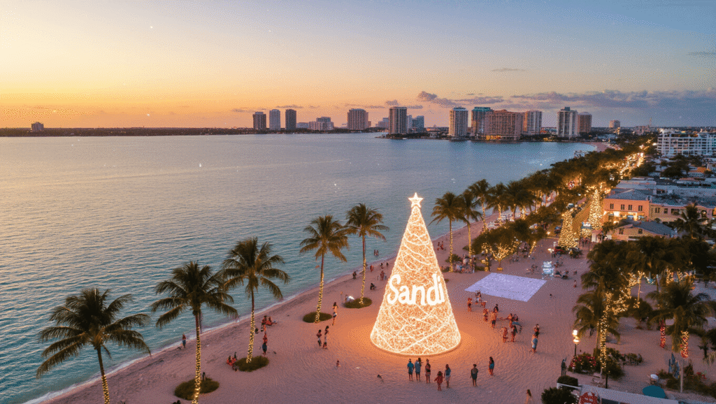 Escape the Frost: Why West Palm Beach is Your December Dream Destination "Sunset view of West Palm Beach with Sandi the illuminated Christmas sand sculpture, waterfront palm trees with holiday lights, people gathering around, with backdrop of Worth Avenue shopping district and beachgoers by the shoreline"