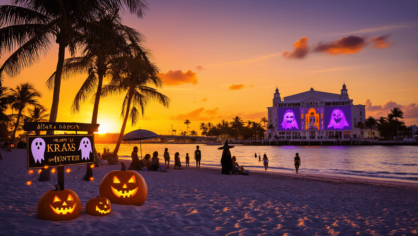 "Halloween-themed beachfront scene in West Palm Beach at sunset with silhouetted palm trees, carved pumpkins, ghost decorations, spooky lights, costumed beach-goers, haunted mansion tour sign, and the Kravis Center with Halloween projections in the background."