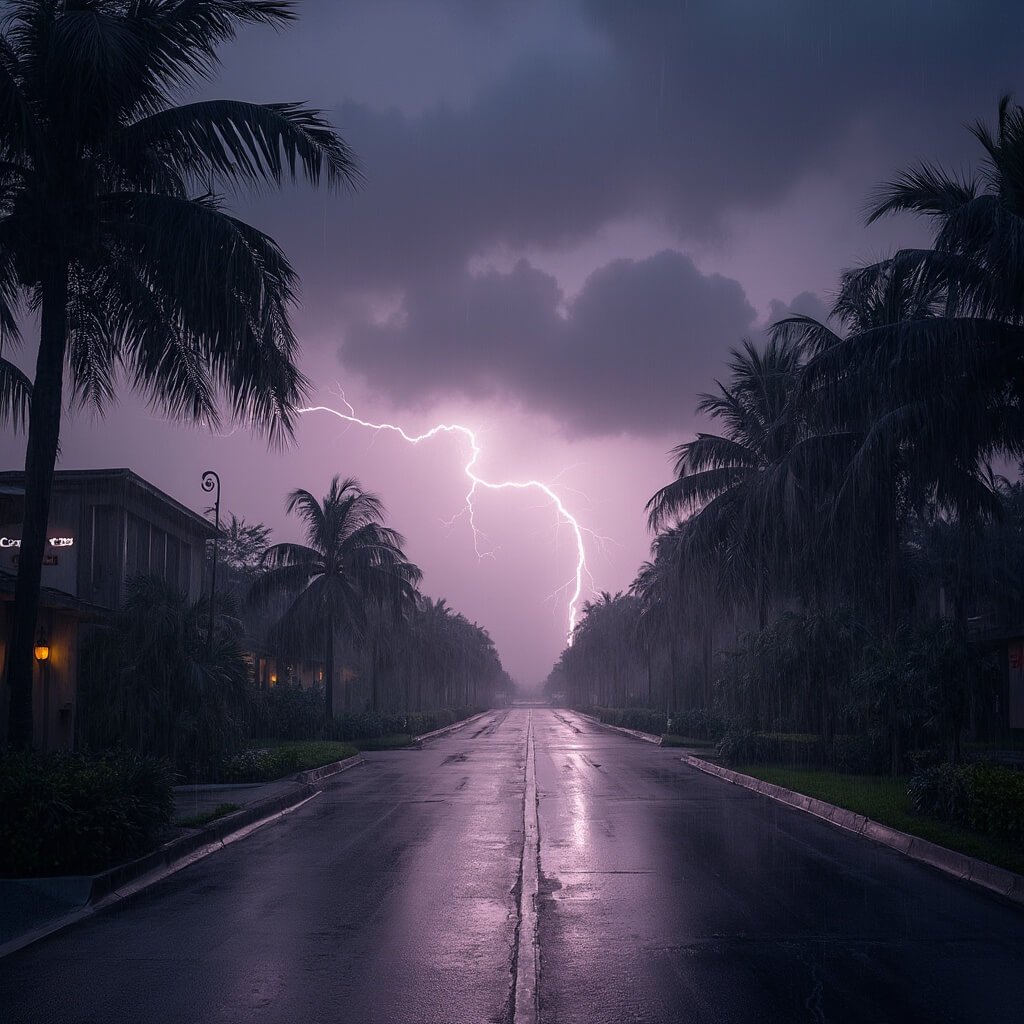 Dramatic image of a late afternoon thunderstorm in West Palm Beach, featuring dark purple-grey clouds, lightning bolts, rain-slicked roads reflecting the stormy sky, and palm trees swaying in heavy winds.