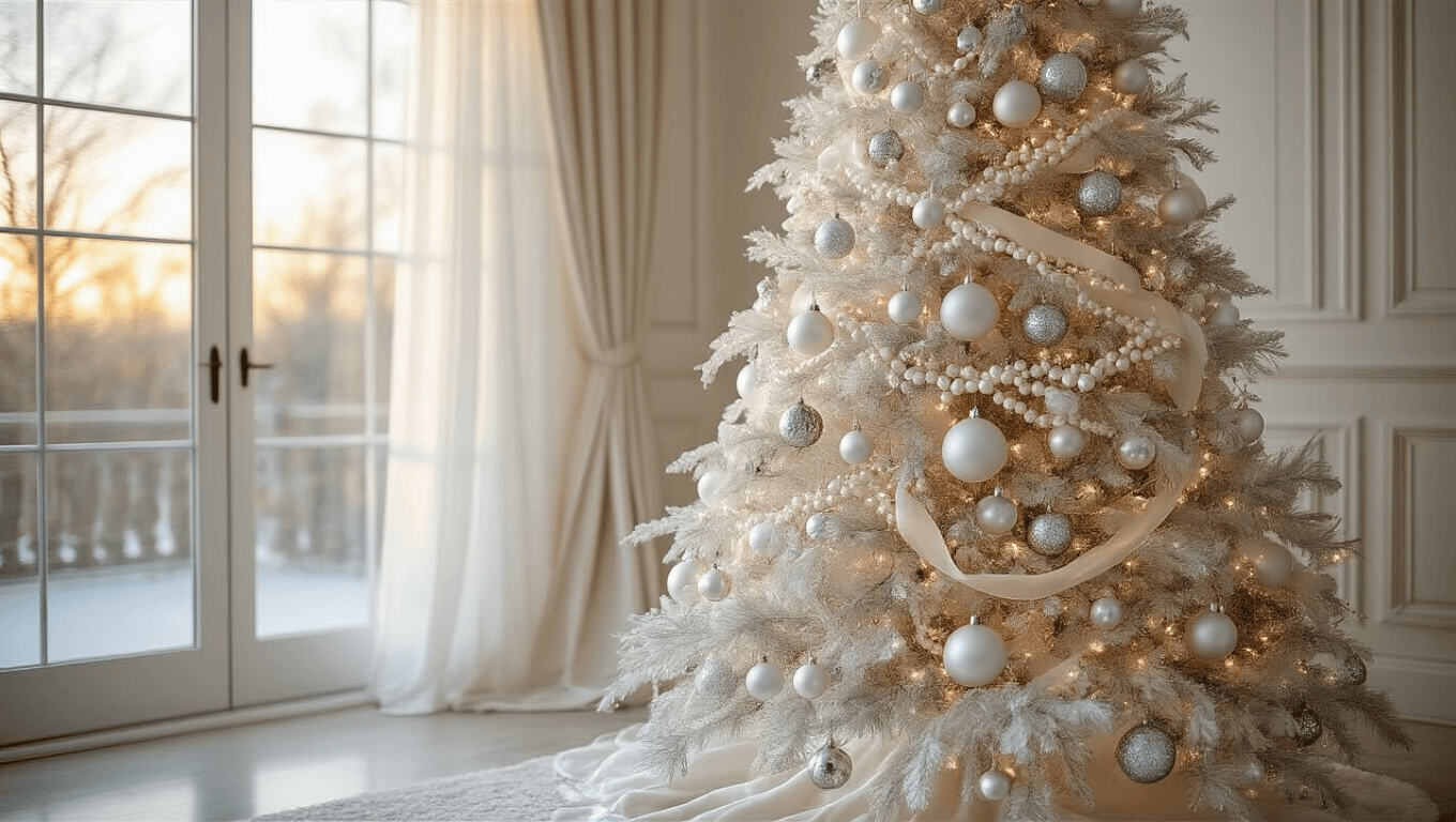 A luxurious living room featuring a stunning 8-foot white Christmas tree adorned with silver ornaments, pearl garland, and velvet ribbon, illuminated by warm golden hour light filtering through sheer curtains, with a cozy cream sectional sofa and marble coffee table in an elegant setting.