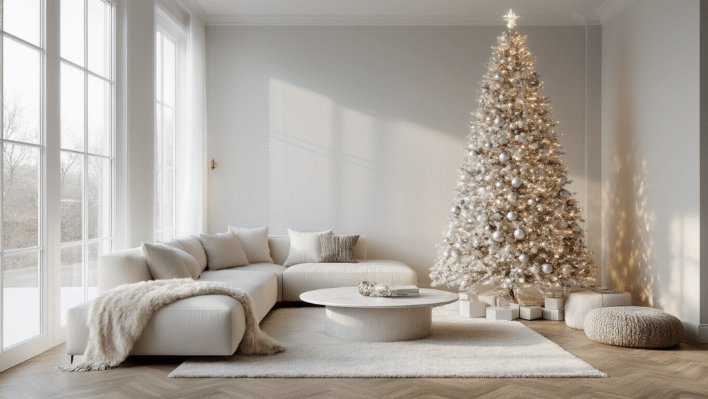 White Christmas Tree Styling: Your Ultimate Modern Holiday Decor Guide Photorealistic wide shot of a modern living room featuring a 7-foot slim white Christmas tree with metallic silver and crystal ornaments, warm LED lights, a cream sectional sofa, and a marble coffee table, all bathed in soft morning light.