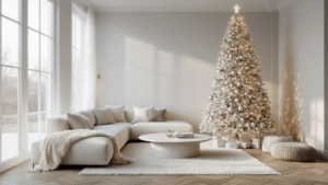 White Christmas Tree Styling: Your Ultimate Modern Holiday Decor Guide Photorealistic wide shot of a modern living room featuring a 7-foot slim white Christmas tree with metallic silver and crystal ornaments, warm LED lights, a cream sectional sofa, and a marble coffee table, all bathed in soft morning light.