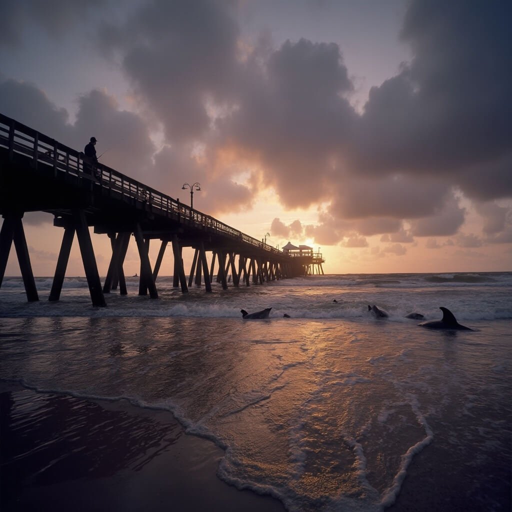 Jacksonville Beach pier at sunset in winter, silhouetted against a colorful sky with a pod of dolphins in the water below and a few people fishing off the pier