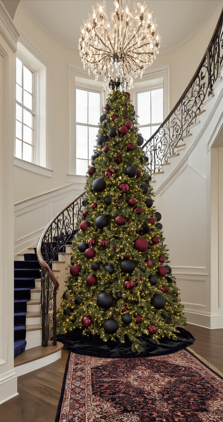 Dramatic Christmas tree in a grand staircase landing, featuring a 12-foot dark green tree adorned with oversized matte black and burgundy ornaments, set against double-height ceilings and wrought iron railings, with a Persian runner in deep jewel tones and velvet ribbon cascading between branches, illuminated by a crystal chandelier in warm evening light.