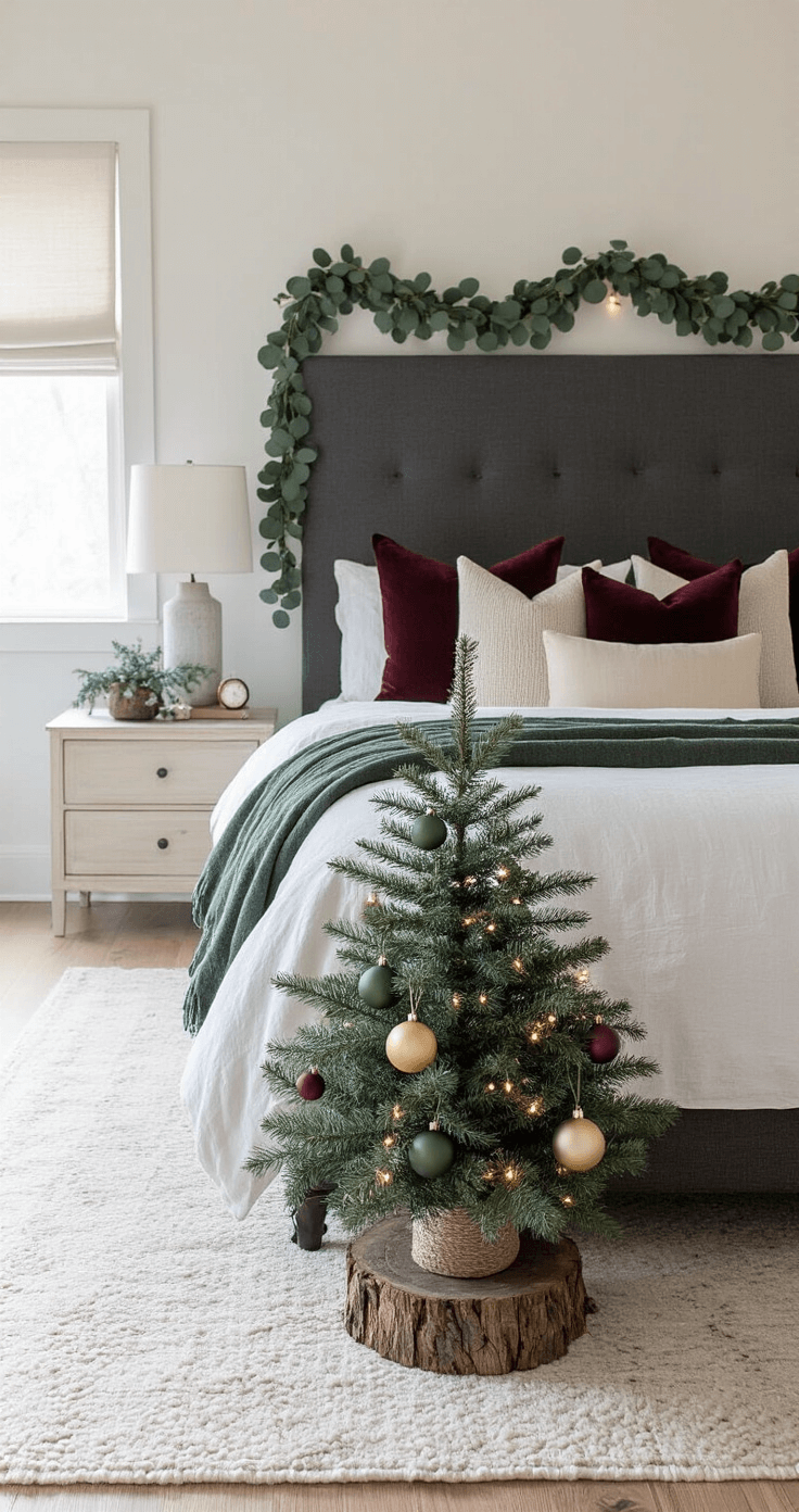 A cozy modern bedroom featuring a 4-foot Christmas tree on a vintage trunk, dark eucalyptus garlands on a charcoal linen headboard, and matte gold and deep forest green ornaments. Warm white fairy lights illuminate the space against white oak floors, while burgundy velvet throw pillows add texture. Natural morning light filters through minimalist roller shades, creating an intimate holiday atmosphere.