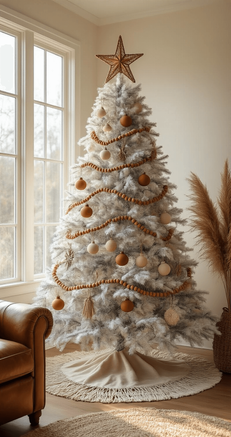 Photorealistic boho Christmas tree in a spacious living room corner featuring a 10-foot white flocked artificial tree adorned with wooden bead garlands, dried pampas grass, and handmade terracotta and cream ornaments. A woven rattan star topper crowns the tree. The golden hour light streams through tall windows, casting warm amber glows on cream walls. A macramé tree skirt covers the hardwood floors, with a vintage leather armchair nearby. Dried eucalyptus branches and soft linen ribbons add to the organic feel of the arrangement, captured from a low angle to emphasize the tree's height in a cozy, artistic atmosphere.