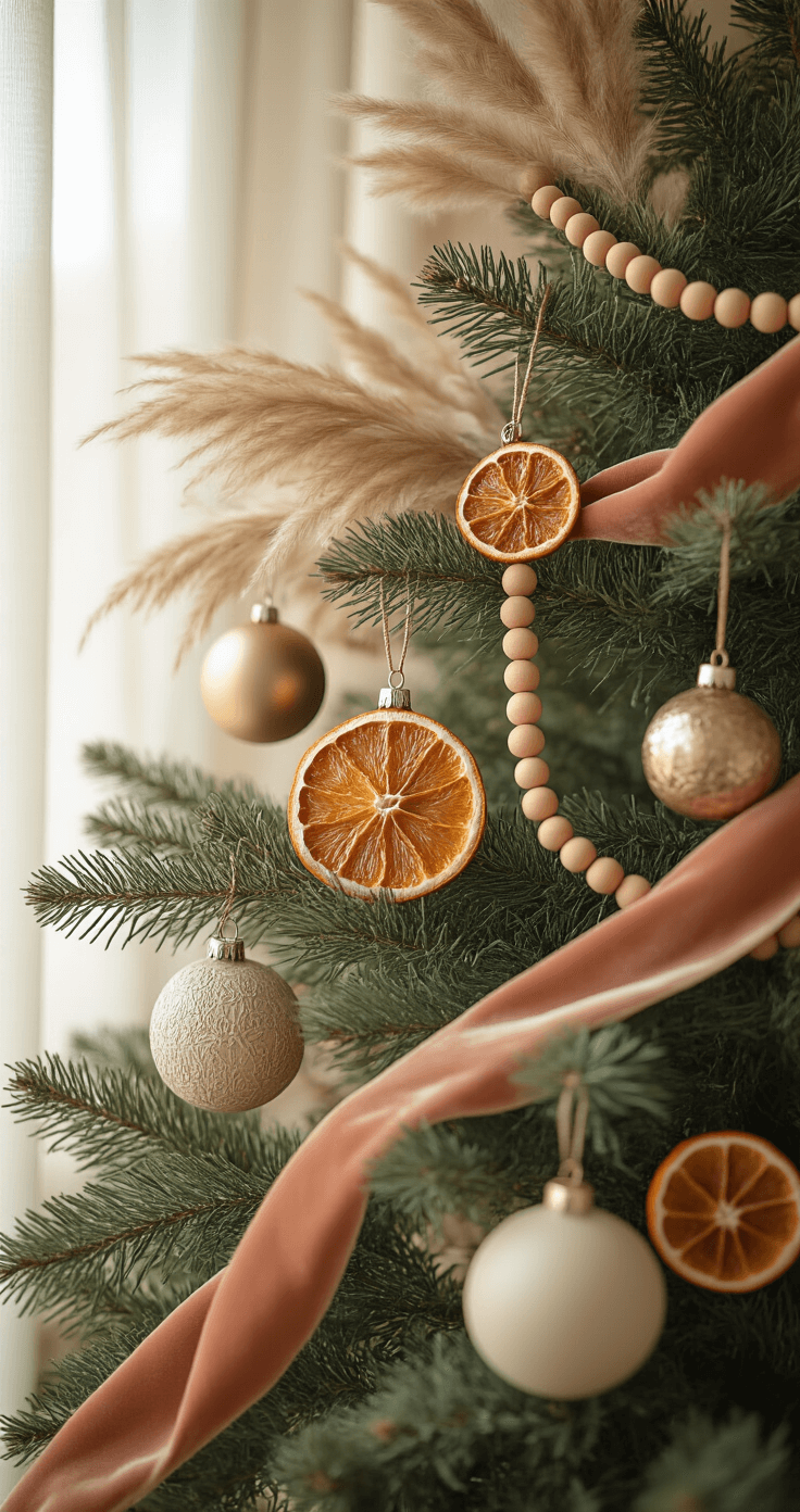 Close-up of a boho-style Christmas tree decorated with wooden bead garlands, dried orange slices, and ceramic ornaments in muted gold and cream. Pampas grass and dusty rose velvet ribbon interspersed among green branches, with warm afternoon light filtering through sheer curtains, creating soft shadows and a cozy atmosphere.