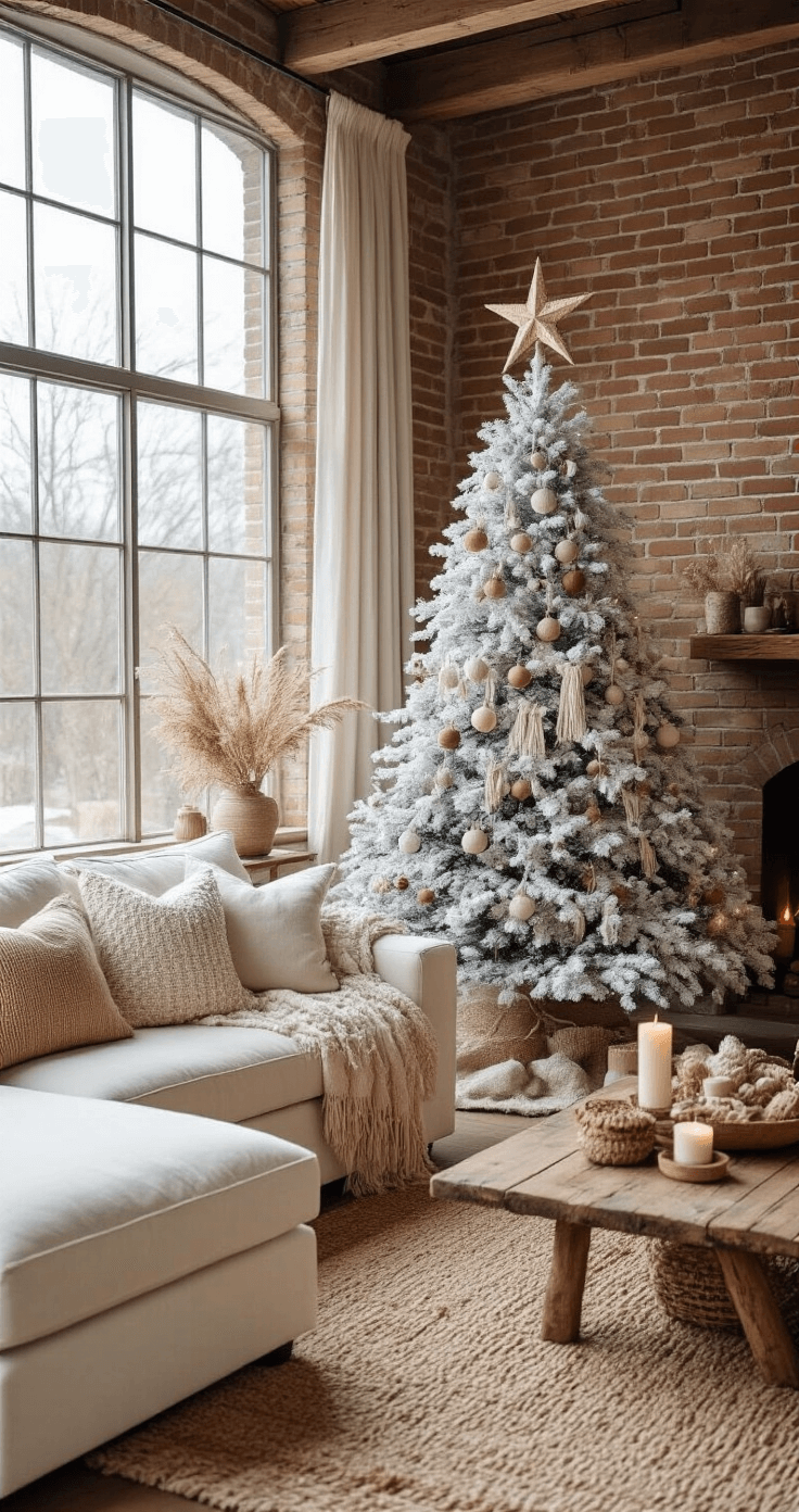 Cozy Christmas morning living room featuring a white flocked boho tree adorned with macramé ornaments and dried florals, against an exposed brick wall. A cream sectional sofa with textured pillows, a vintage wooden coffee table with candles, and a jute rug enhance the warm, inviting atmosphere, illuminated by soft morning light through large windows.