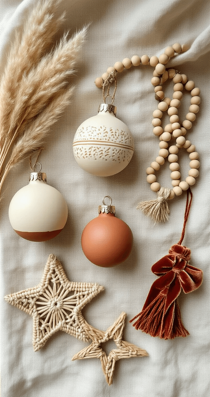 Flat lay of boho Christmas ornaments including handmade ceramic pieces, wooden bead garlands, dried pampas grass, and macramé decorations on a natural linen backdrop, with soft afternoon light highlighting their textures and artisanal quality.