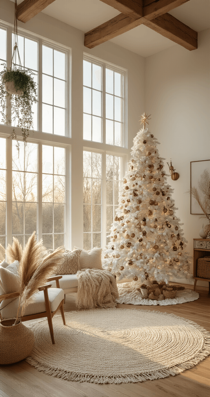 Bohemian living room during golden hour with a white Christmas tree by floor-to-ceiling windows, hardwood floors, mid-century modern furniture, pampas grass, and warm wood accents, showcasing natural light and earthy sophistication.