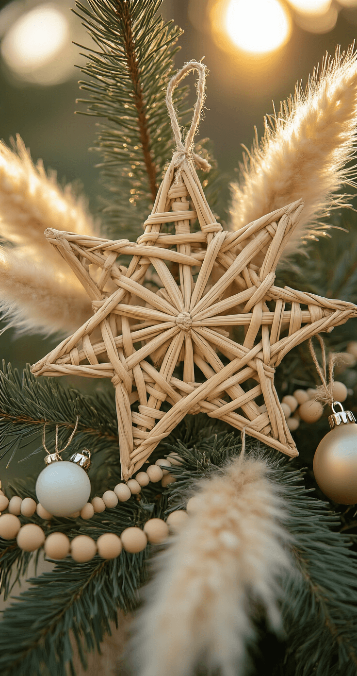 Close-up detail of a boho tree topper featuring a woven rattan star surrounded by dried eucalyptus and pampas grass, with wooden bead garlands and ceramic ornaments, all bathed in warm afternoon light that highlights their textures and creates soft shadows against green tree branches.