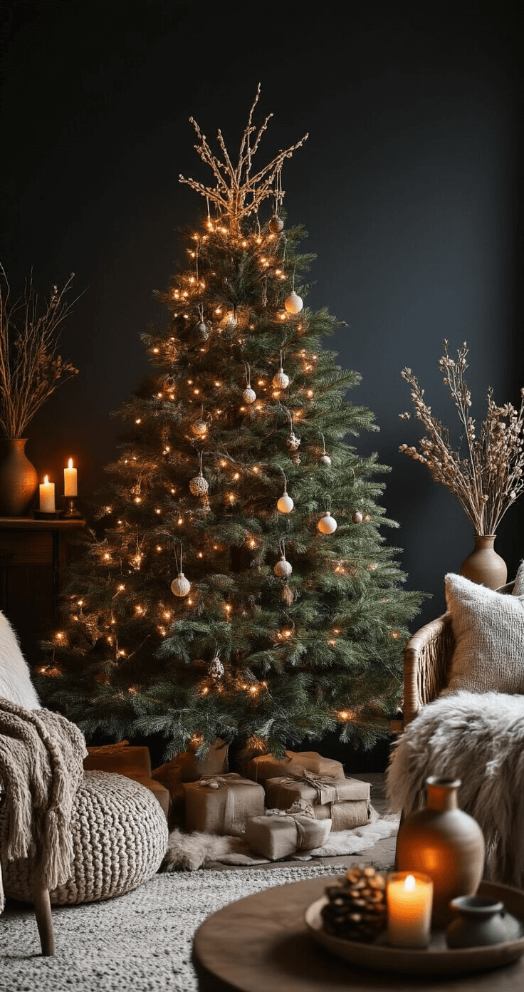 Cozy boho Christmas tree illuminated by warm string lights, decorated with natural elements against a dark wall, surrounded by plush seating and candlelight, creating an intimate holiday atmosphere.