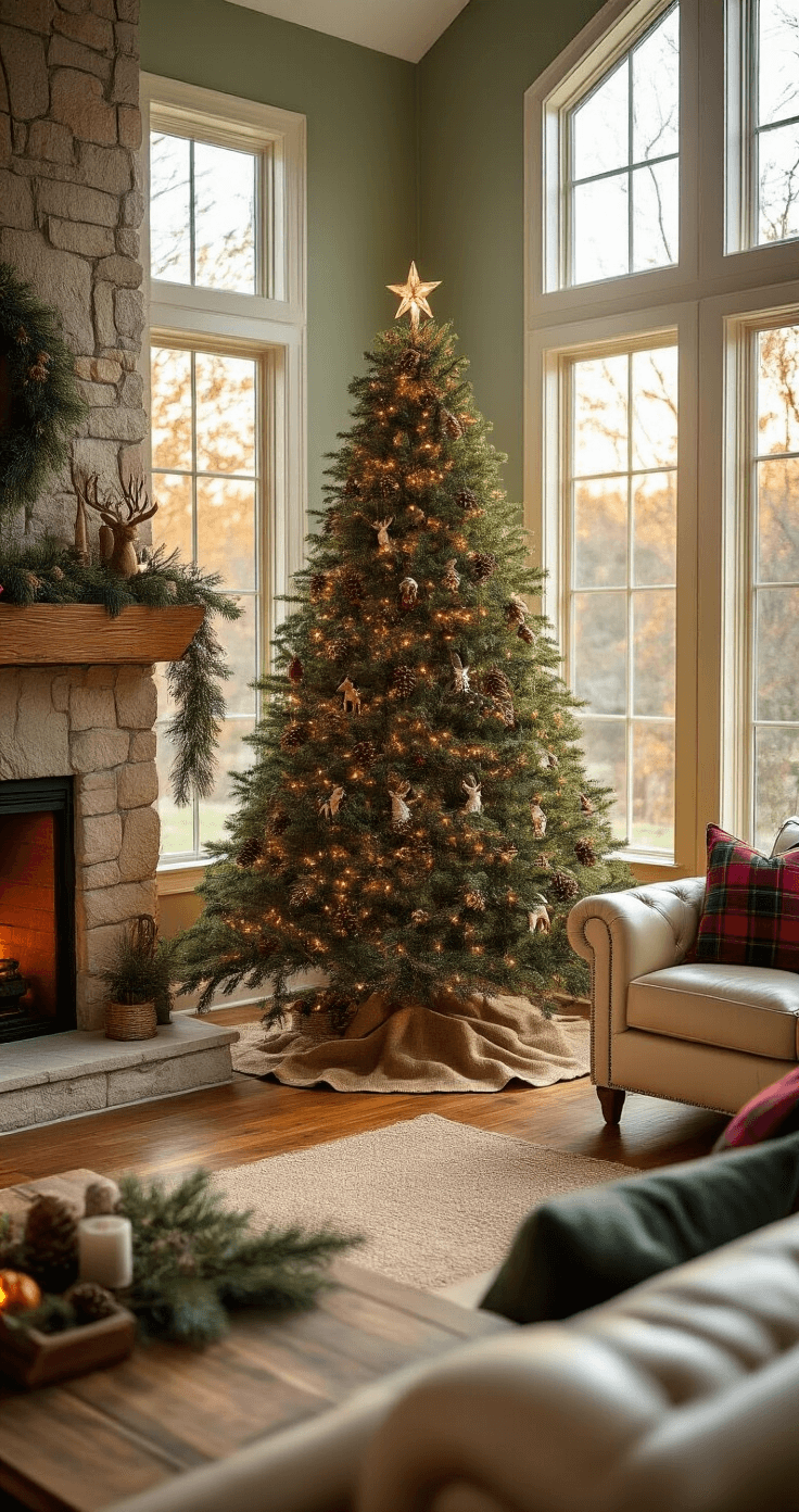 Photorealistic living room interior with a 7-foot flocked Christmas tree adorned with woodland animal ornaments and warm white fairy lights, positioned by a stone fireplace. Golden hour sunlight casts amber shadows on hardwood floors. The room features a cream leather sofa with plaid throw pillows, a natural wood coffee table with pine garland, and soft sage green walls, creating a cozy, rustic atmosphere.