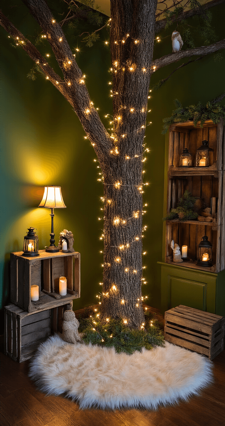 A cozy woodland tree corner illuminated by warm lamplight and fairy lights, featuring rustic decor like vintage crates and lanterns, with a low-angle view of a Christmas tree against deep forest green walls.