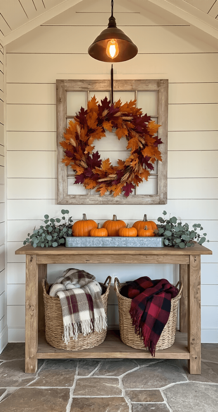 Welcoming autumn entryway featuring natural stone flooring and a vaulted ceiling, with a rustic wooden console table adorned with mini orange pumpkins and eucalyptus, an oversized autumn wreath on a cream shiplap wall, a woven basket of plaid throw blankets, and warm Edison bulb lighting.