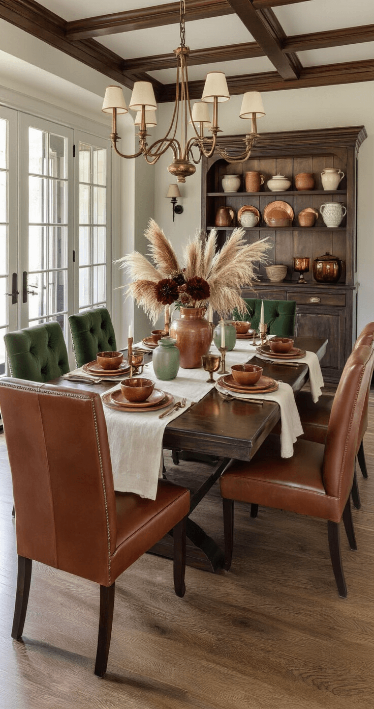 Elegant autumn dining room featuring a dark walnut table set for eight, styled with cream linen runners, copper chargers, and a centerpiece of terracotta and sage green vessels filled with pampas grass and burgundy dahlias. Upholstered chairs in cognac leather and forest green velvet surround the table, under a coffered ceiling with warm lighting from a chandelier and buffet lamps. A built-in hutch displays seasonal pottery and amber glassware, captured from the kitchen doorway.