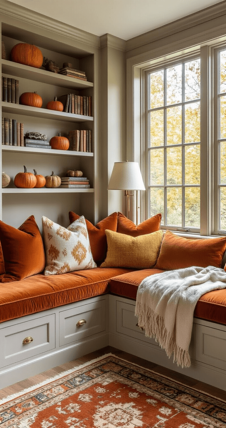 Cozy autumn reading nook featuring a built-in window seat with rust velvet cushions and lumbar pillows, surrounded by floor-to-ceiling bookshelves, draped with soft throw blankets. The space is accented by a vintage Persian rug, floating shelves with seasonal decor, and a table lamp, all bathed in natural light.