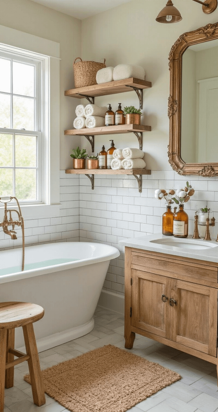Autumn-themed bathroom spa retreat featuring subway tile, natural wood vanity, floating shelves with cream towels and succulents, clawfoot tub near window with candles, vintage brass fixtures, jute bath mat, wooden stool, and mason jars with bath supplies, all under soft natural lighting.