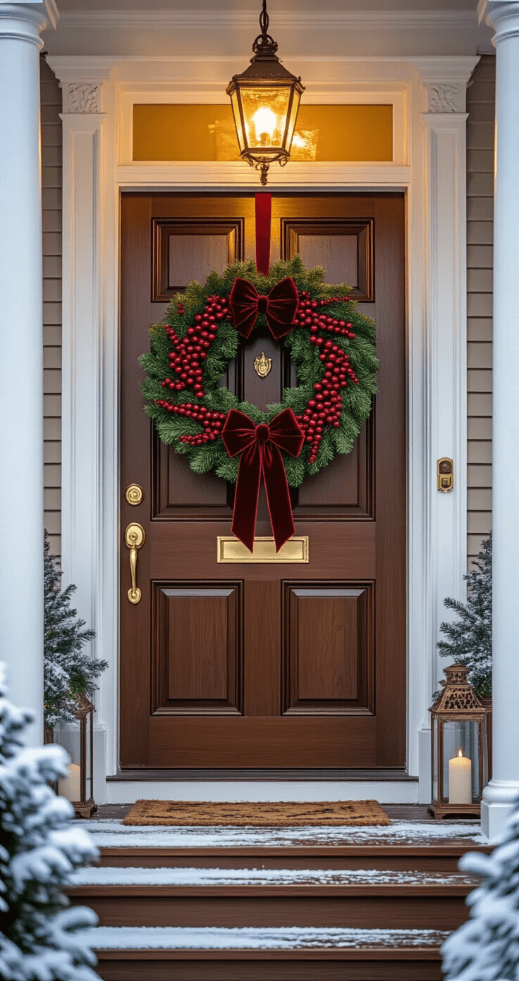 Elegant Victorian front door featuring an oversized Christmas wreath, framed by white columns, with polished brass fixtures and snow-dusted porch, illuminated by warm golden light.