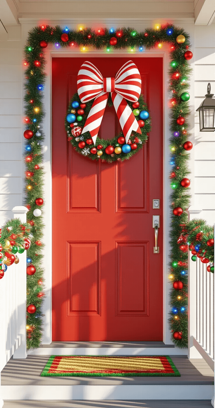 A vibrant family home entrance adorned with a bright red door featuring a large candy cane striped bow, colorful ornament clusters, cheerful character ornaments, glittering snowflakes, and a white picket porch wrapped in multicolored string lights, complemented by a holiday green welcome mat, all captured in afternoon sunlight.