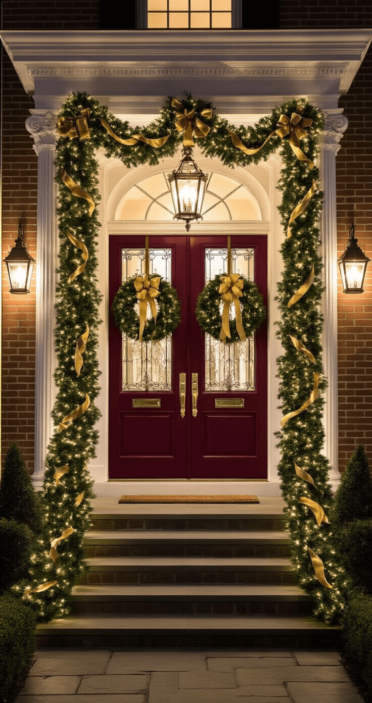 Grand colonial entrance with stately burgundy double doors adorned with deep evergreen garland, matching wreaths, and golden ribbon, flanked by elegant columns wrapped in greenery and lights, featuring symmetrical lanterns and a landscaped setting.