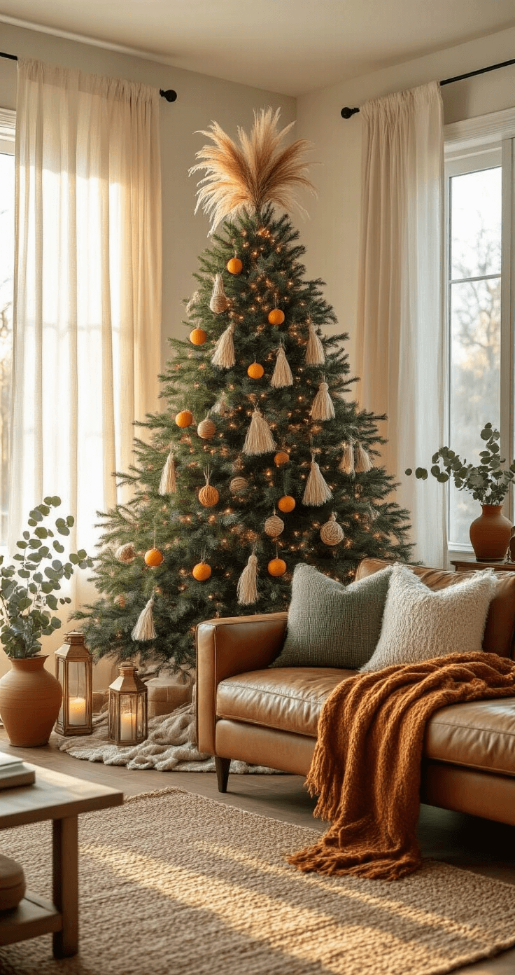 A warm and inviting living room during golden hour, featuring a 7-foot Christmas tree decorated with pampas grass ornaments, macramé garlands, and dried orange slices. Sunlight filters through sheer curtains, creating soft shadows on jute rugs over hardwood floors. A leather sofa is adorned with chunky knit throws in rust and sage green, complemented by brass lanterns and fairy lights. Terracotta pots with eucalyptus branches accent weathered wood side tables.