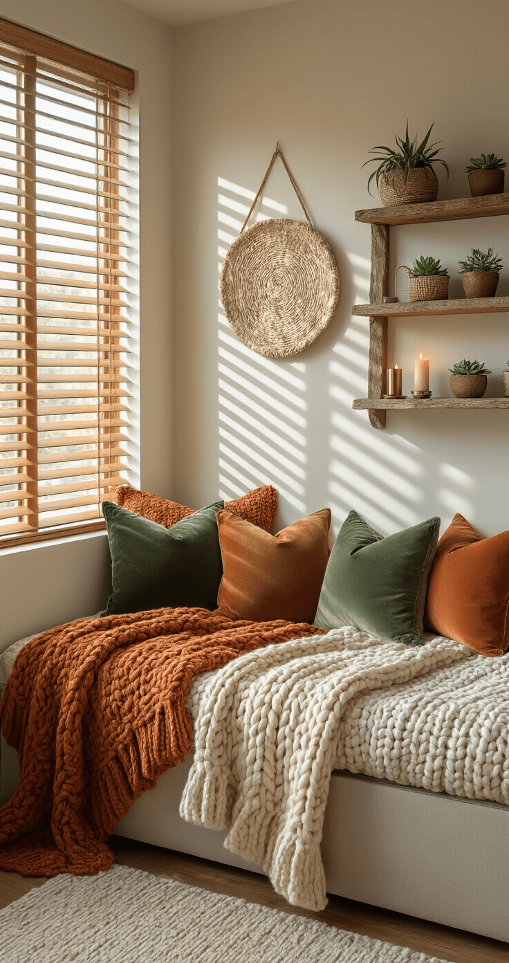 A cozy reading nook featuring a low-profile daybed adorned with chunky knit blankets in beige and rust tones, bathed in afternoon sunlight creating geometric patterns through wooden blinds. Sage green velvet pillows are scattered across the bed, while woven wall hangings frame the space above reclaimed wood shelves showcasing small potted succulents and brass candlesticks with flickering flames.