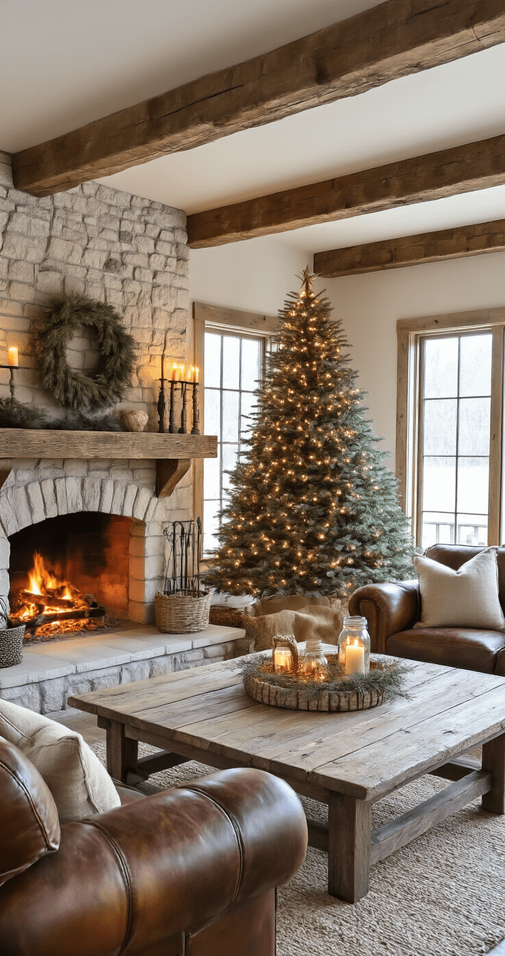 A cozy rustic farmhouse living room featuring exposed wooden beams and a crackling stone fireplace. A large distressed wood Christmas tree centerpiece sits on a reclaimed barn wood table with a weathered gray finish. A vintage leather armchair adorned with burlap cushions complements mason jar string lights, all bathed in warm golden lamplight for an inviting evening atmosphere.