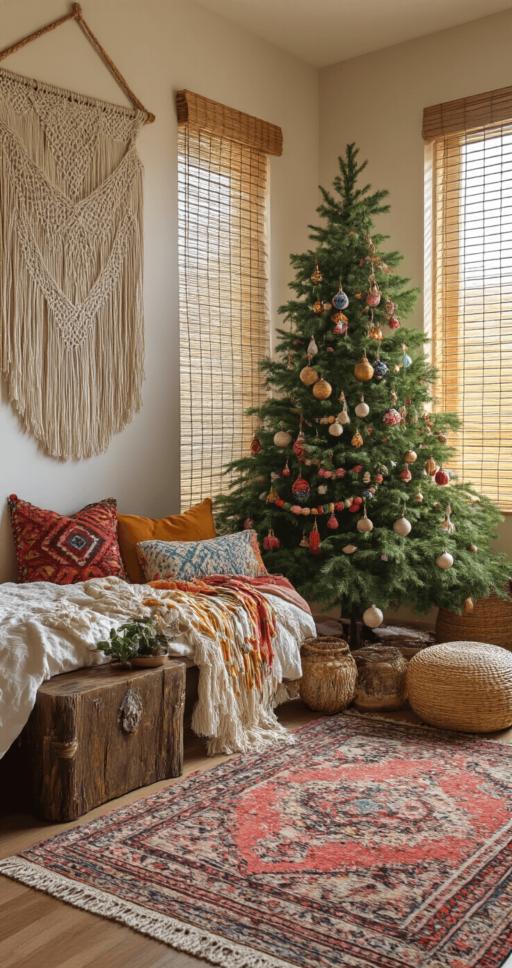 A cozy boho chic bedroom corner featuring macrame wall hangings, a medium wooden Christmas tree on a vintage trunk, and rattan ornaments, illuminated by afternoon natural light through bamboo blinds, with jewel-toned cushions and layered Persian rugs, creating an eclectic and artistic atmosphere.