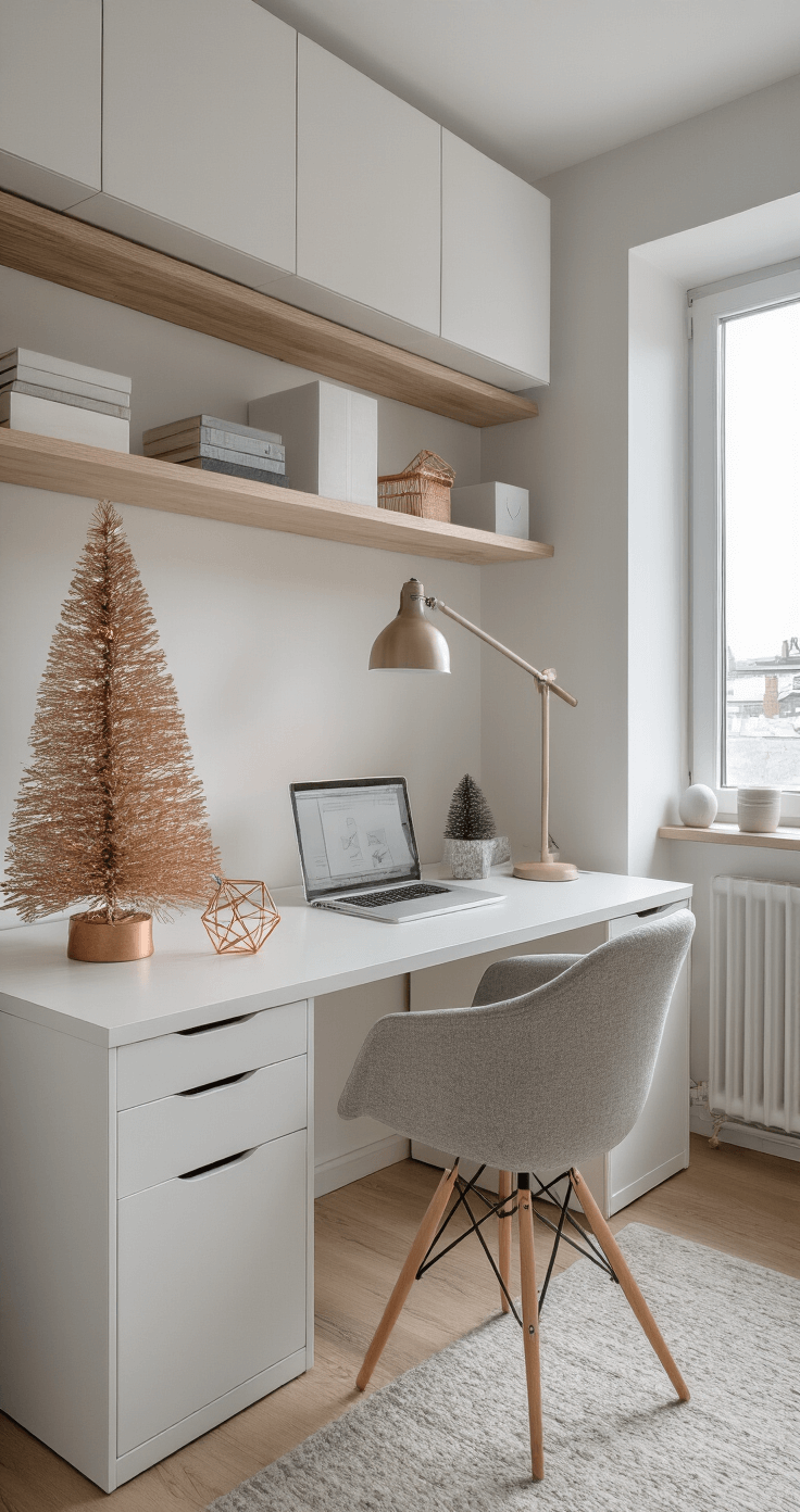 A modern home office featuring built-in shelving, a small minimalist wooden Christmas tree with copper wire ornaments on a white desk, Scandinavian furniture in pale wood tones, and soft morning light from a north-facing window, all styled in a white and gray color palette.