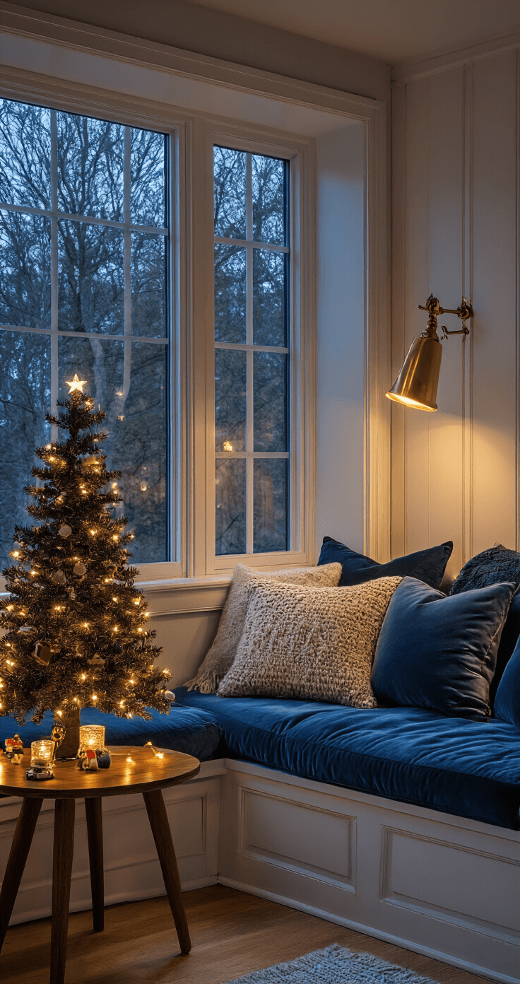 A cozy reading nook with a built-in window seat, featuring warm twilight blue hour lighting, a wooden Christmas tree adorned with LED lights and felt ornaments, plush cushions, and a vintage brass reading lamp, creating an intimate and peaceful atmosphere.