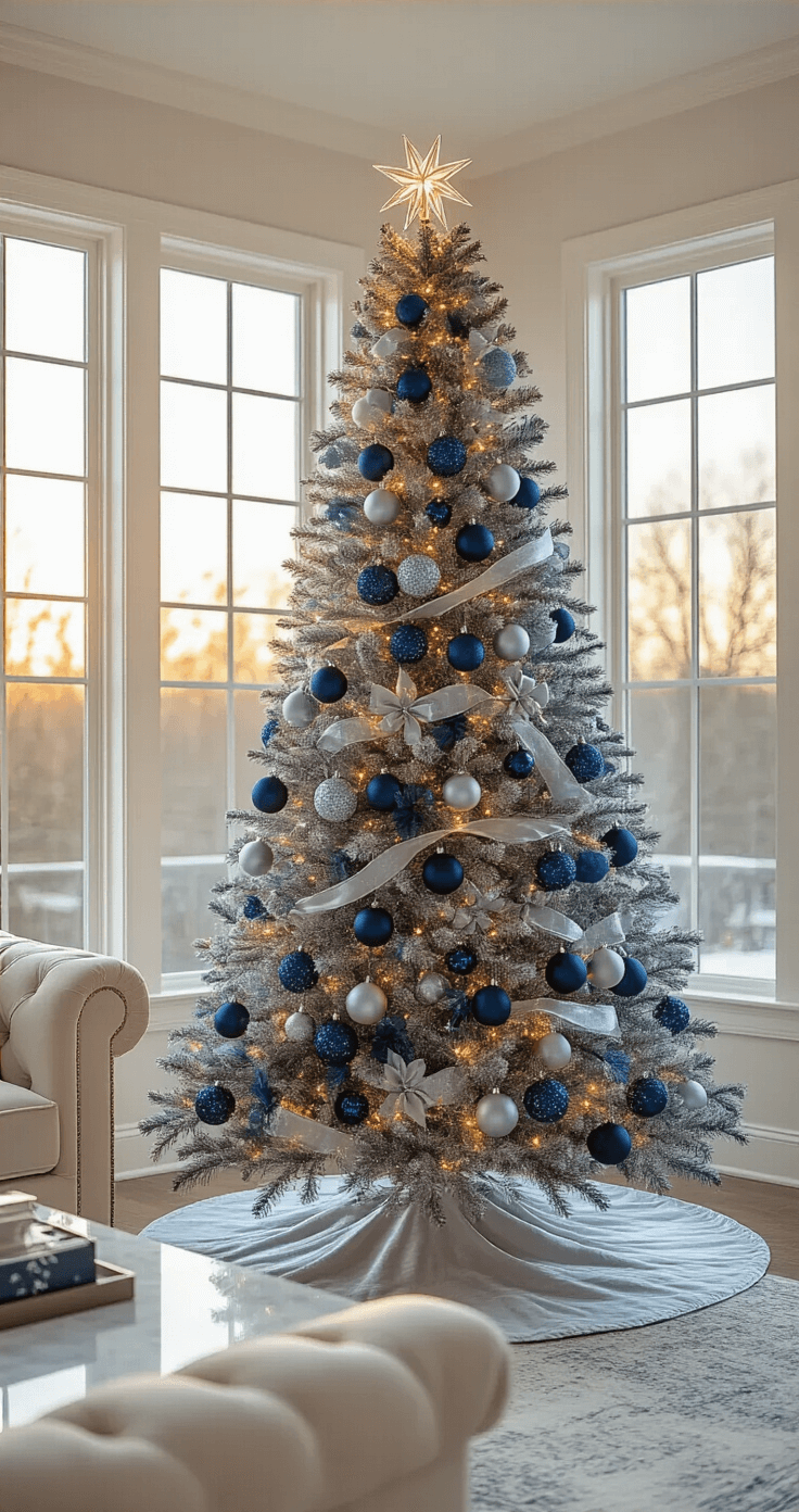 Blue and Silver Christmas Tree: A Winter Wonderland of Elegance Elegant living room with a 7-foot blue and silver Christmas tree centerpiece, featuring modern cream velvet furniture, a marble coffee table, and warm natural light accentuating the tree's decorations of navy, powder blue, silver ornaments, and cool white LED lights.