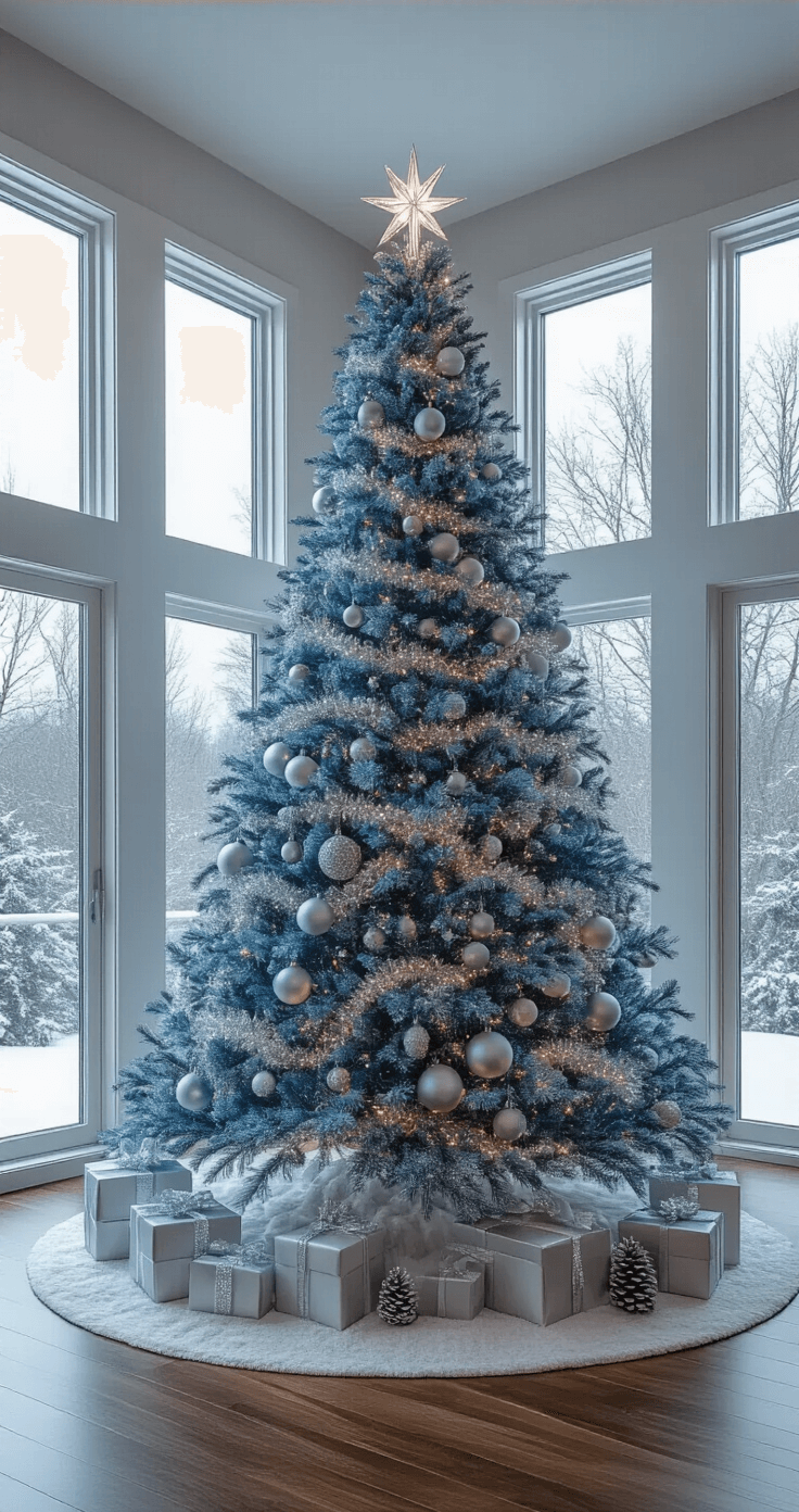 Blue and Silver Christmas Tree: A Winter Wonderland of Elegance Sophisticated monochromatic Christmas scene in a contemporary living room featuring a stunning blue and silver tree, hardwood floors, and floor-to-ceiling windows, enhanced by cool LED lighting and silver metallic accents, creating a serene winter wonderland atmosphere.
