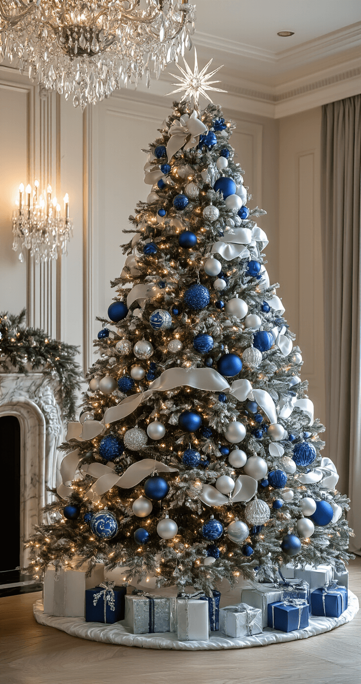 Blue and Silver Christmas Tree: A Winter Wonderland of Elegance Luxury Christmas tree adorned with sapphire, ice blue, and platinum silver glass ornaments, surrounded by designer furniture, a marble fireplace, and a crystal chandelier, all enhanced by dramatic evening lighting that highlights the intricate details and textures of the decor.