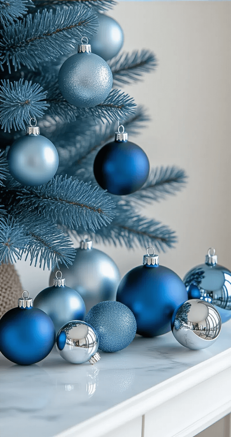 Blue and Silver Christmas Tree: A Winter Wonderland of Elegance Close-up of a collection of glass ornaments in varying sizes and finishes, displayed on a white marble console table next to a blue-silver tree, showcasing a color gradient from deep navy to ice blue, with reflections and textures highlighted in natural daylight.